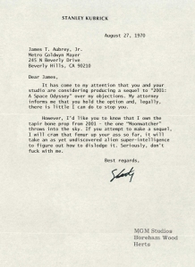 Kubrick's angry letter to the CEO of MGM. (click to enlarge)